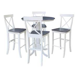 Set of 5-pcs - White/Heather Gray 36 in. Solid Wood Pedestal Table with 4 Barstools