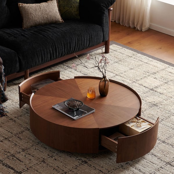 Sianey 39.37 in. Walnut Round Wood Coffee Table with 2-Drawers