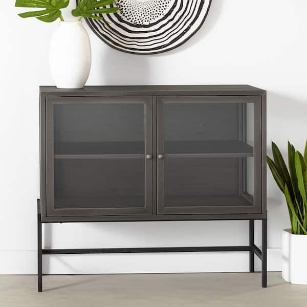 36 in. Brown and Black Solid Wood and Metal Display Cabinet with 2-Doors