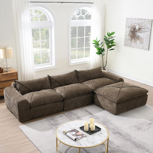 116 in. Chenille Fully Compressed Sectional Sofa in. Brown
