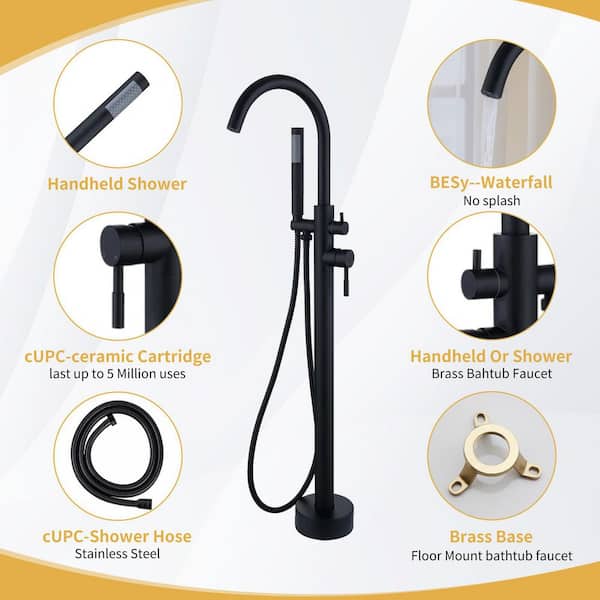 Freestanding Tub Faucet – Matte Black Floor Mount Bathtub Filler With Handheld Shower, Stainless Steel, Single Handle, 32.68” Spout Height