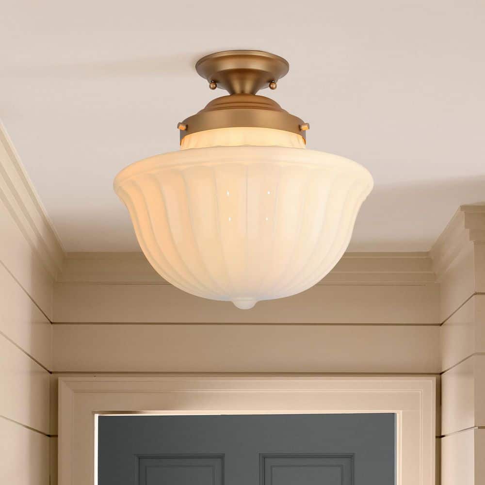 Stollings 1-Light 14.9 in. Gold Mid-Century Modern Geometric Milky White Textured Glass Semi-Flush Mount Light price history on PriceWatchPro