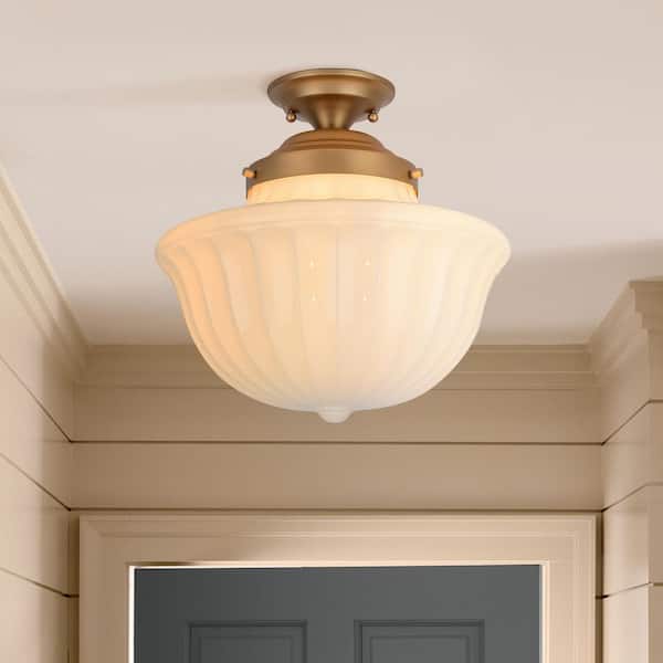 Stollings 1-Light 14.9 in. Gold Mid-Century Modern Geometric Milky White Textured Glass Semi-Flush Mount Light