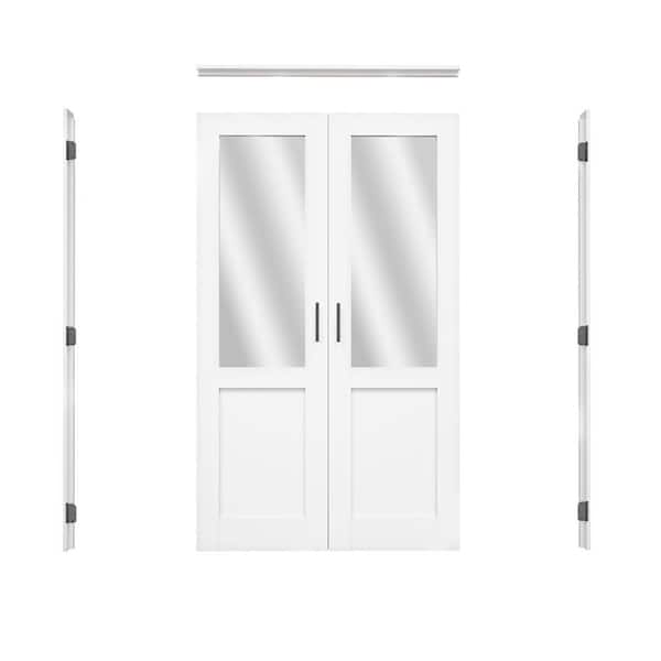 48 in. x 80 in. 1/2-Lite Mirrored Glass Universal White Solid Core Glass French Bi-fold Door +Separate Jamb & Ball Catch