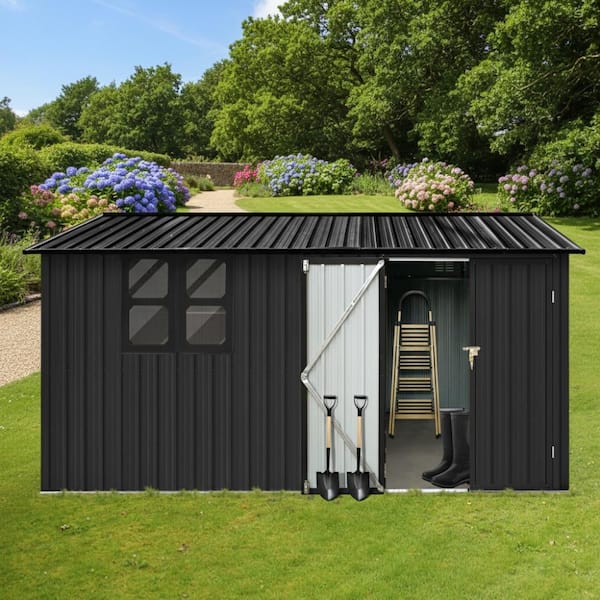 Black 12x10 Ft Metal Outdoor Garden Storage Shed with Windows