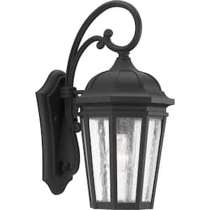 Verdae Collection 1-Light Textured Black Clear Seeded Glass New Traditional Outdoor Medium Wall Lantern Light