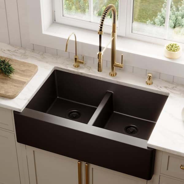 Farmhouse Apron Front Quartz/Granite Composite 34 in. Double Bowl Kitchen Sink in Black