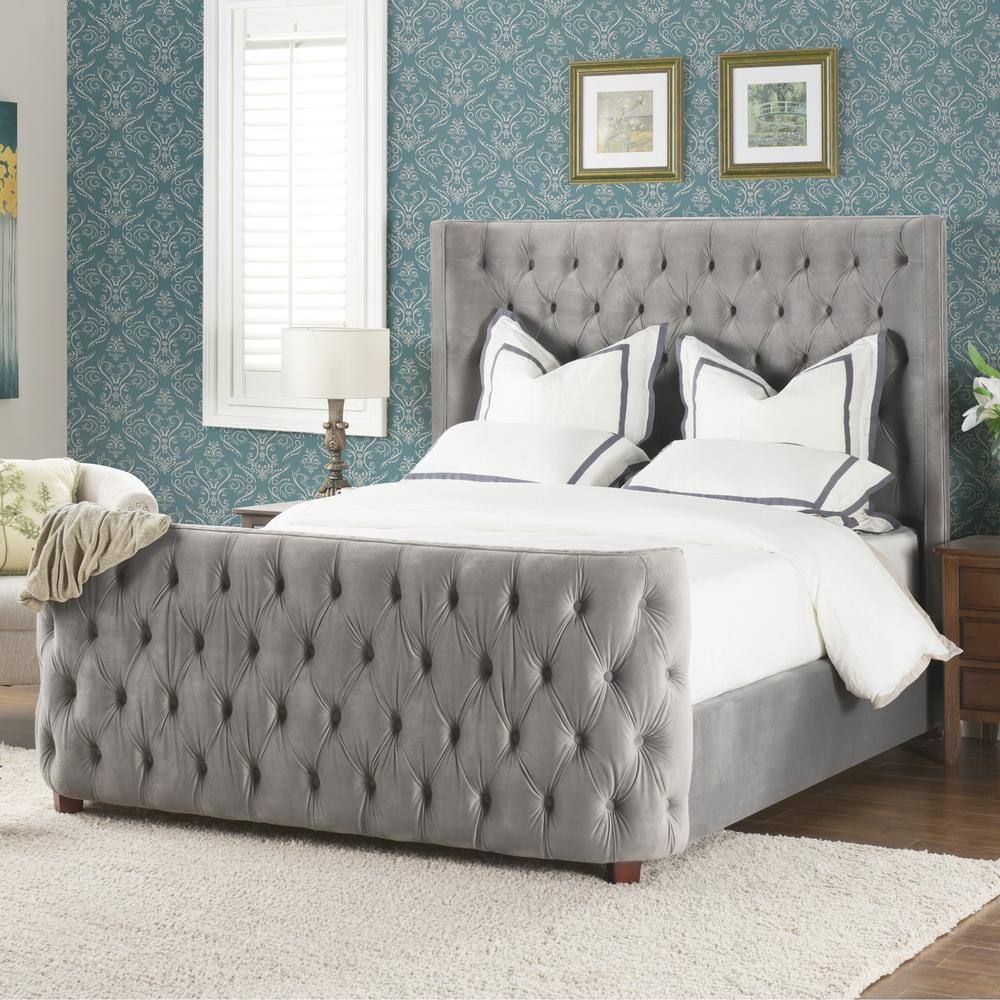 Brooklyn Queen Opal Grey Tufted Velvet Bed with Wingback