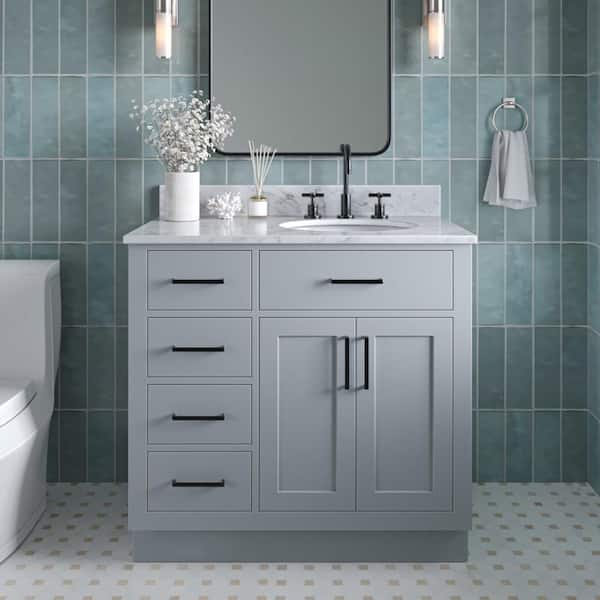 ARIEL Hepburn 37 in. W x 22 in. D x 35.25 in. H Bath Vanity in Grey with White Carrara Marble Vanity Top with White Basin