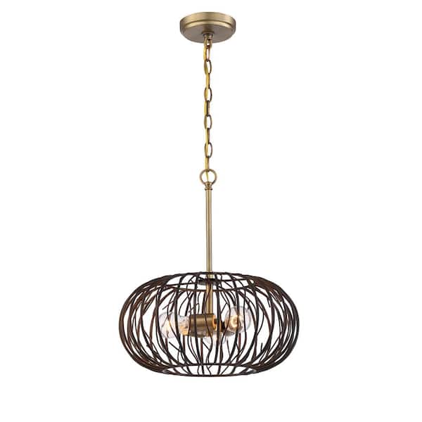 Kala 60-Watt 3-Light Brushed Gold with makamae Tropical Pendant Light with Makamae Painted Shade and No Bulbs Included