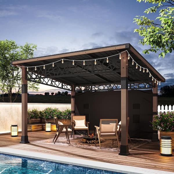 12 ft. x 14 ft. Heavy Duty Wood Outdoor Gazebo Structure Hardtop Carport Pavilion With Steel Slope Roof