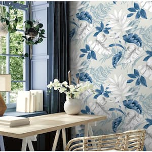 Tropical Leaves Blue and White and Light Grey Vinyl Peel and Stick Wallpaper Roll (Cover 30.75 sq. ft.)