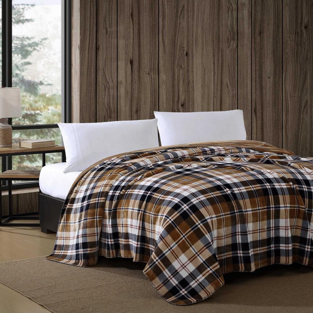 Twin Beige Fleece Reversible Plaid Blanket