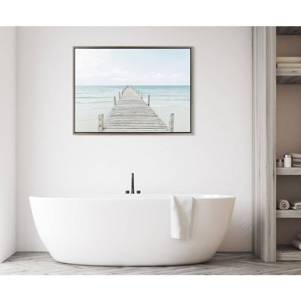 Gray Wooden Pier on Beach Canvas Wall Art
