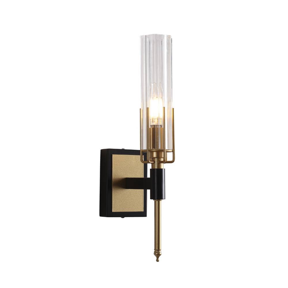 14.29 in. 1-Light Gold & Black Modern Wall Sconce with Clear Ribbed Glass Shade for Bedroom, Bathroom（set of 2） price history on PriceWatchPro