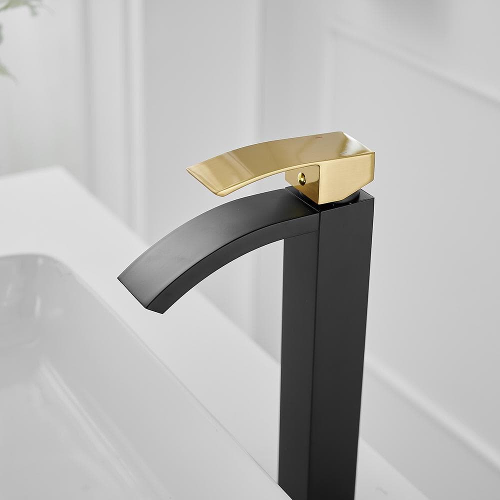 Gold and Black Waterfall Single Handle Vessel Sink Faucet