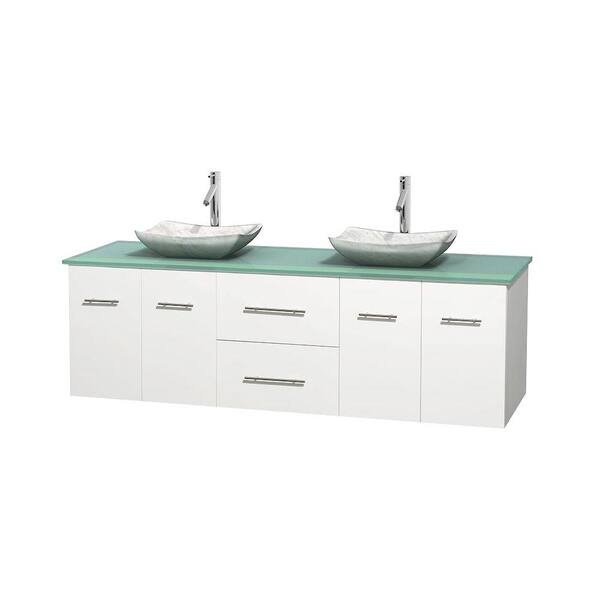 Wyndham Collection Centra 72 in. Double Vanity in White with Glass Vanity Top in Green and Carrara Sinks