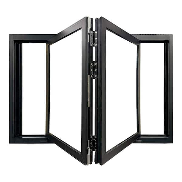 Teza 63 Series Bi-Fold 60 in. W x 42 in. H Universal/Reversible Hand Outswing Black Aluminum Tempered Window with Screen