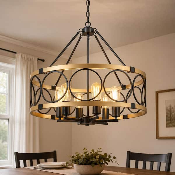 YANSUN 6-Light Black and Gold Drum Chandelier, Dimmable Dining