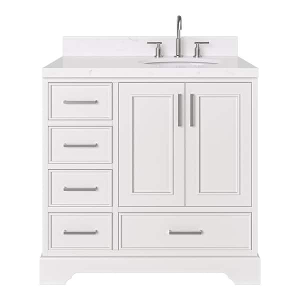 Stafford 36 in. W x 22 in. D x 36 in. H Single Sink Freestanding Bath Vanity in White with Carrara White Quartz Top