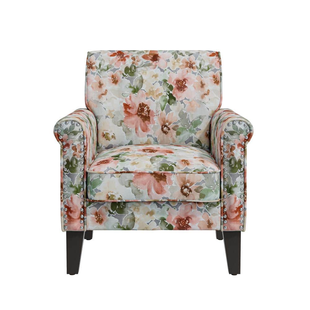 Orange and Green Floral Rolled Arm Accent Chair