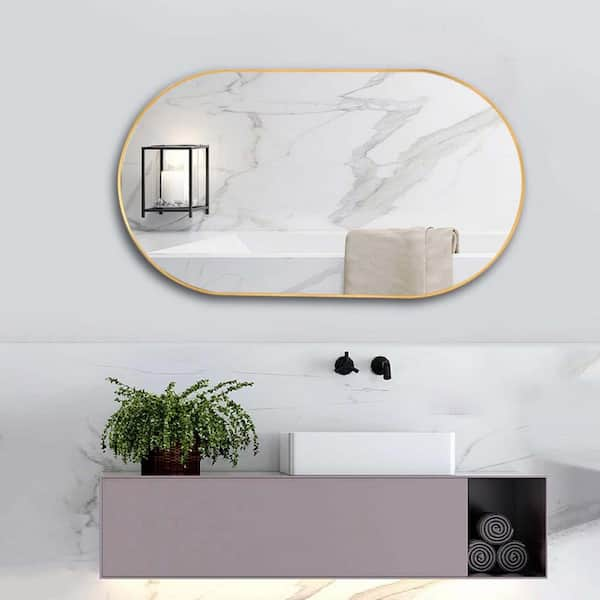 Seafuloy 18 in. W x 36 in. H Gold Metal Framed Oval Bathroom Mirror Vanity Wall Mounted Mirror and Hooks for Vertical Horizontal