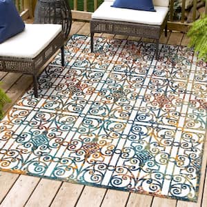 Cetara Ornate Cream/Blue/Orange 5 ft. x 8 ft. Trellis Indoor/Outdoor Area Rug