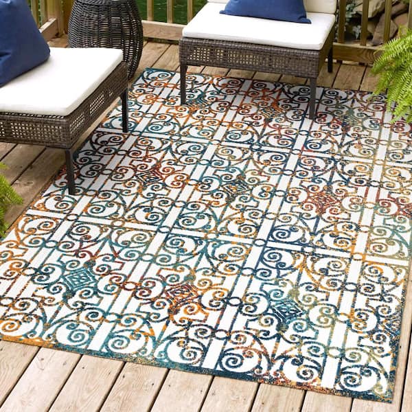 Cetara Ornate Cream/Blue/Orange 5 ft. x 8 ft. Trellis Indoor/Outdoor Area Rug