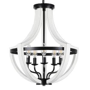 5-Light Faux Wood White Farmhouse Chandelier for Kitchen Island with No Bulbs Included
