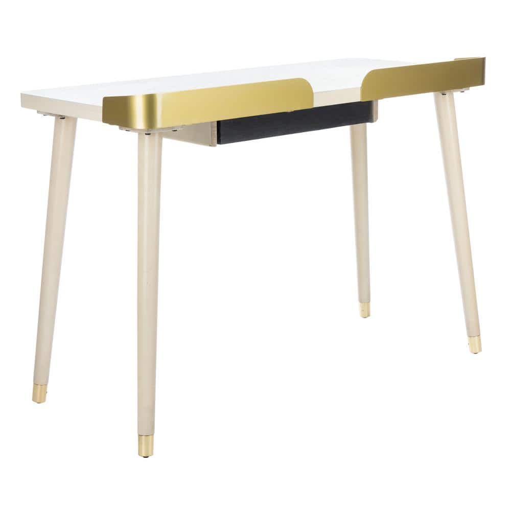 Transitional White Washed and Gold Home Office Desk with Drawer