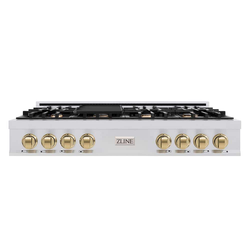 Autograph Edition 48 in. 7 Burner Front Control Gas Cooktop with Champagne Bronze Knobs in Stainless Steel