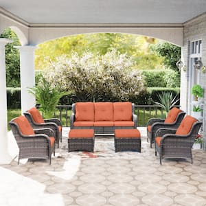 Brown 7-Piece Wicker Outdoor Patio Conversation Sofa Set with Orange Cushion