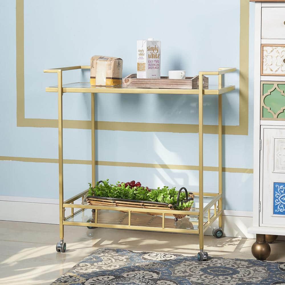 Dusky Gold Rolling Bar Cart with Mirrored Glass Shelves