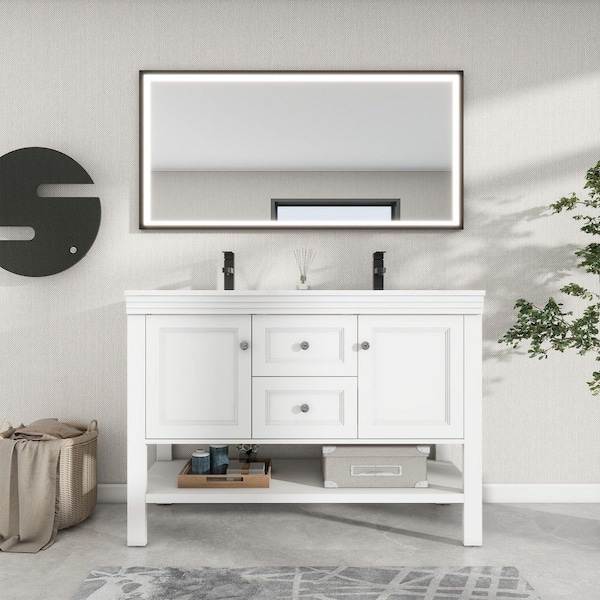 48 in. W x 17.7 in. D x 34 in. H 2-Sink Freestanding Bath Vanity in White with White Resin Top and Drain Faucet Set