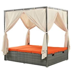 Outdoor Gray Wicker Outdoor Sunbed Day Bed with Orange Cushions, 4-Sided Canopy and Adjustable Seats