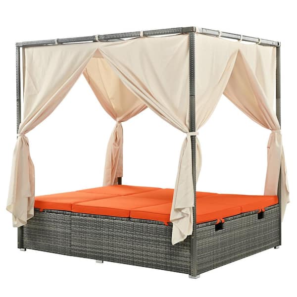 maocao hoom Outdoor Gray Wicker Outdoor Sunbed Day Bed with Orange Cushions, 4-Sided Canopy and Adjustable Seats