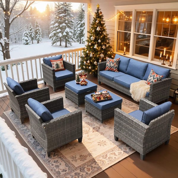 New Vultros Gray 7-Piece Wicker Outdoor Patio Conversation Seating Set with Blue Cushions