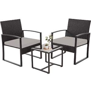 Black 3 Pieces Bistros Sets Outdoor Wicker PE Rattan Chairs Conversation Sets with Gray Cushions and Coffee Table