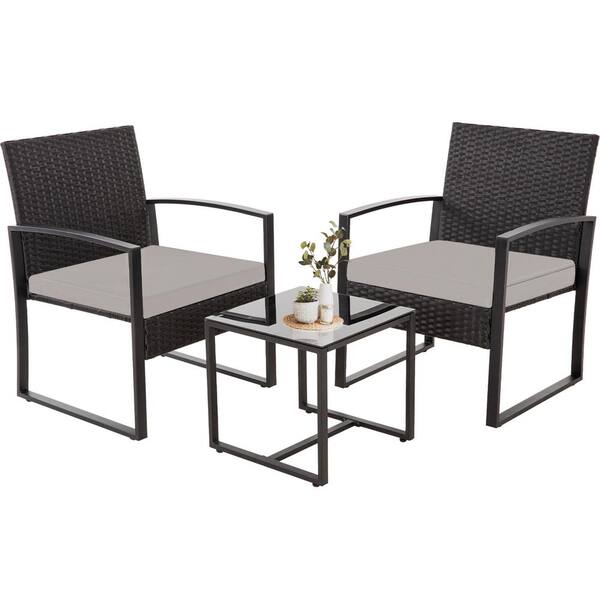 Zeus & Ruta Black 3 Pieces Bistros Sets Outdoor Wicker PE Rattan Chairs Conversation Sets with Gray Cushions and Coffee Table