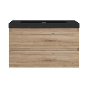 36 in. W x 19.5 in. D x 22.5 in. H Single Sink Wall Mounted Bathroom Vanity in F. Oak with Black Cultured Marble Top