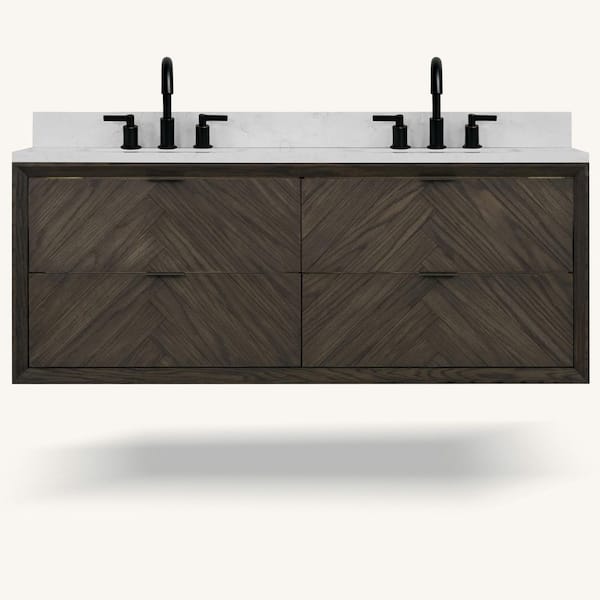 WH2660-BO 60 in Double Sink Sink Vanity Brown Oak Finish Bath Vanity with White 1 in. Artificial Stone Top