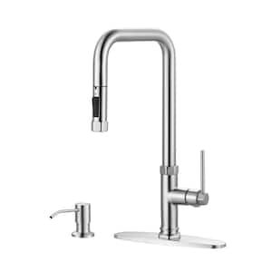 Single-Handle Pull Down Sprayer Kitchen Faucet with Pull Out Spray Wand and Soap Dispenser in Brushed Nickel