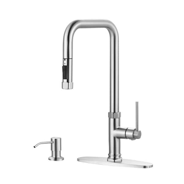 ALEASHA Single-Handle Pull Down Sprayer Kitchen Faucet with Pull Out Spray Wand and Soap Dispenser in Brushed Nickel