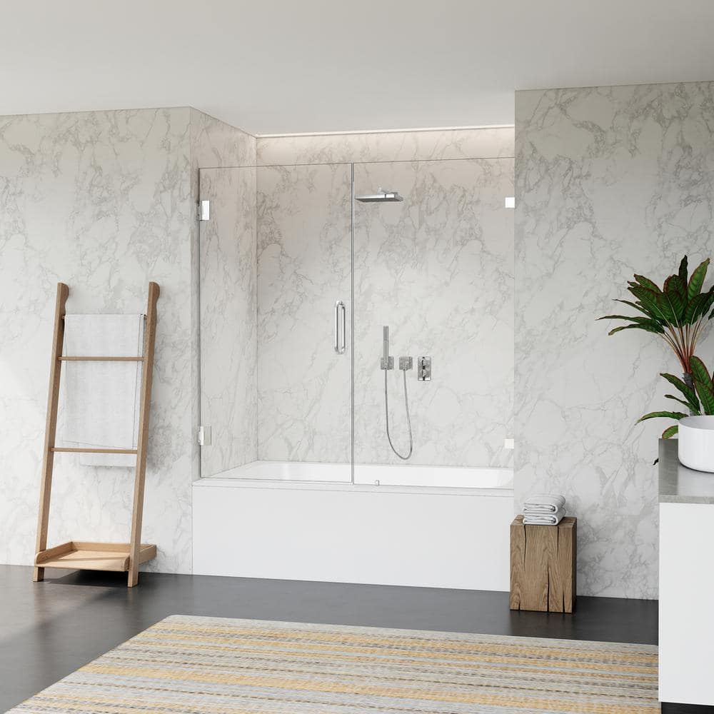 60" Polished Chrome Frameless Hinged Tub Door with Clear Glass