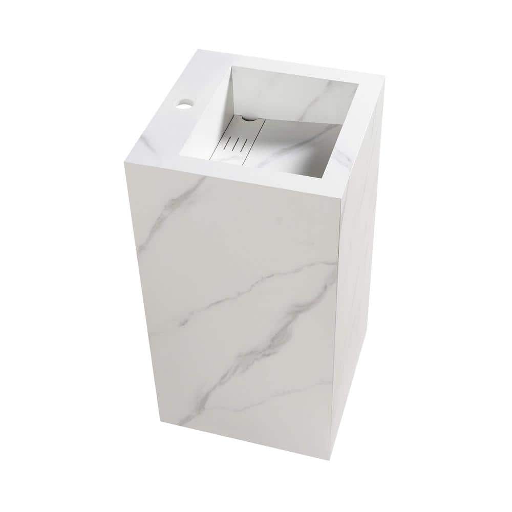 White Carrara Stone Square Pedestal Bathroom Sink