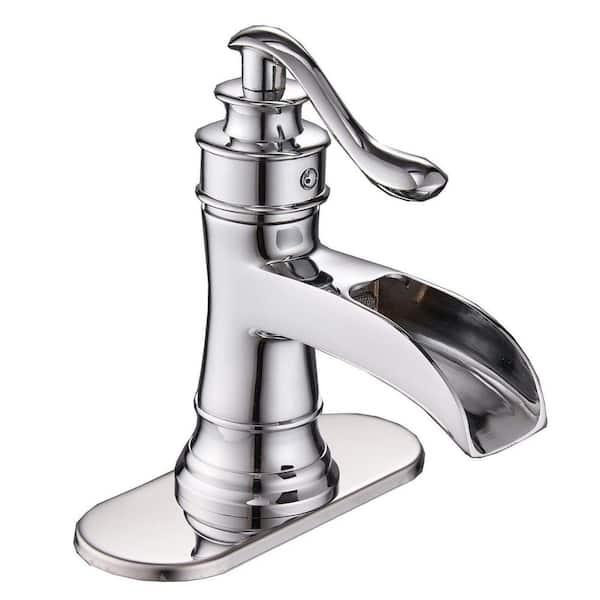 PERLIRIA INC Single Handle Single Hole Waterfall Bathroom Faucet with Deck Plate Included in Polished Chrome