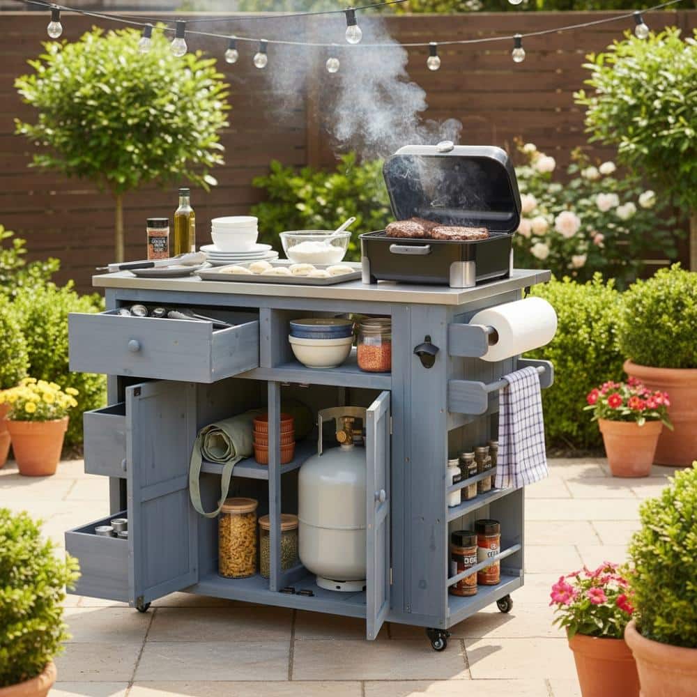 Gray Outdoor Solid Wood Extendable Kitchen Cart with Steel Top and
