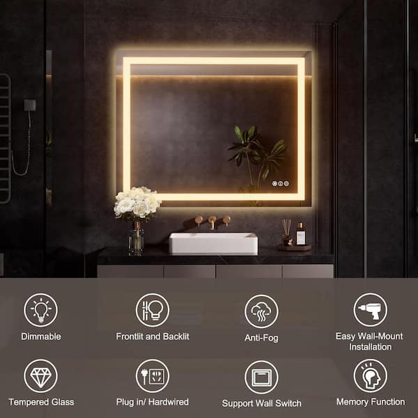 Dimmable 40 in. W x 32 in. H Rectangular Frameless Anti-Fog LED Light Wall Bathroom Vanity Mirror Front and Backlit