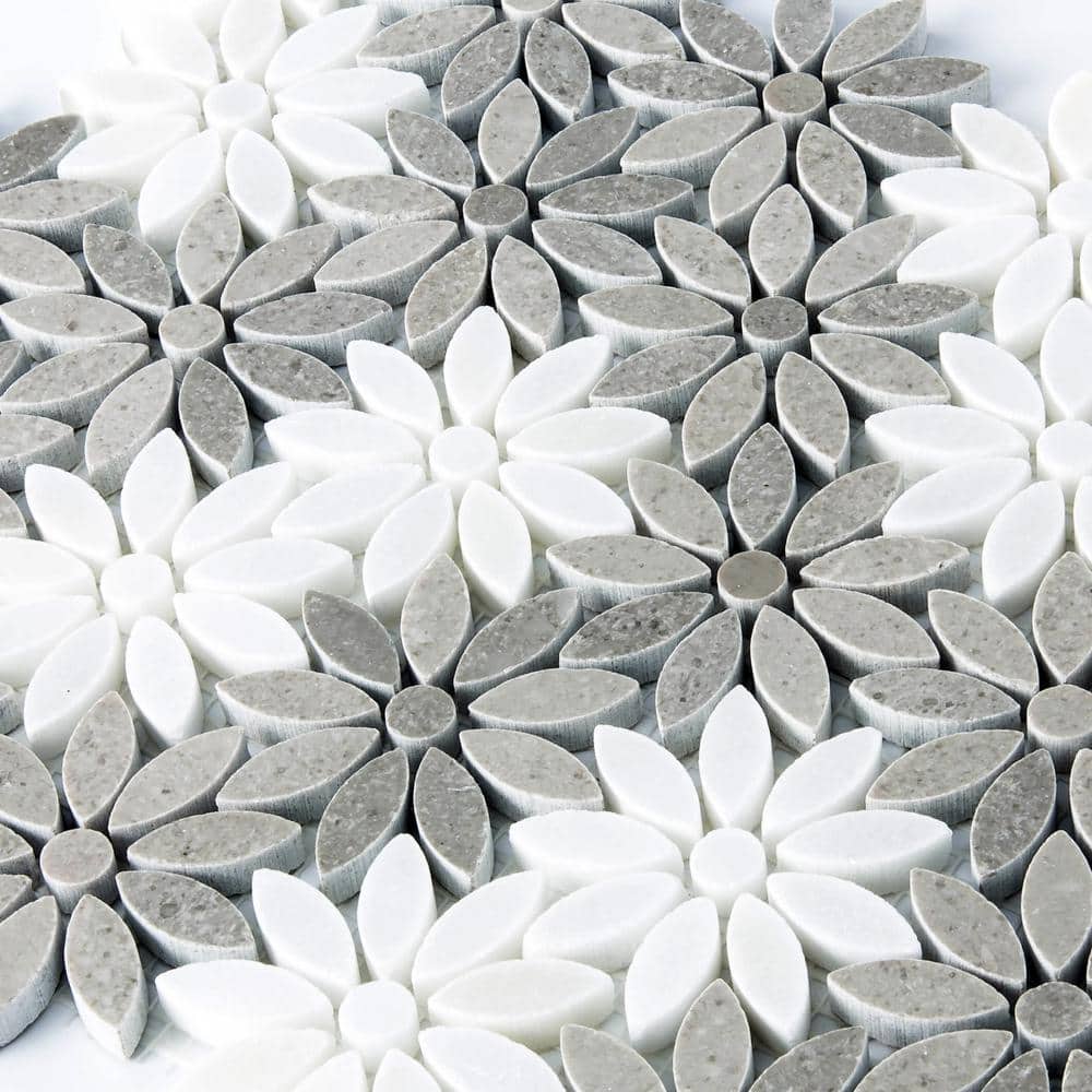 Gray and White Floral Polished Marble Mosaic Tile