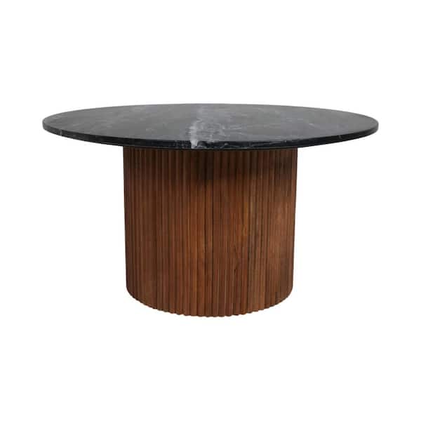 Liv & Skye 34 in. Brown/Black Round Wood and Marble Reeded Coffee Table